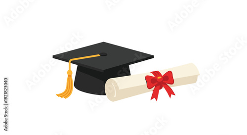 Black graduation cap with a golden tassel and a rolled diploma scroll tied with a red ribbon.