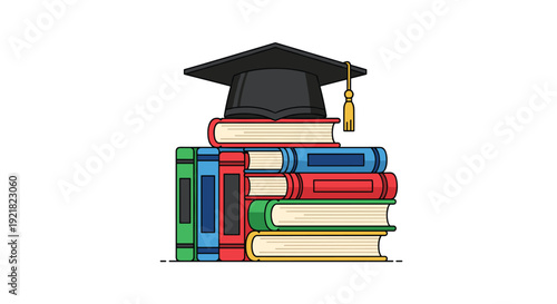 Graduation cap with a yellow tassel placed on a tall stack of various colorful hardcover academic books.