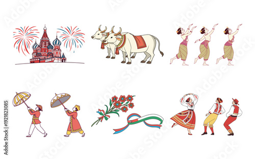 Traditional dancers musicians bulls flowers fireworks