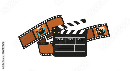 Cinematic movie clapperboard placed on a winding film strip with integrated film frames.