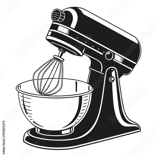 Black and white line drawing of a stand mixer with whisk Vector