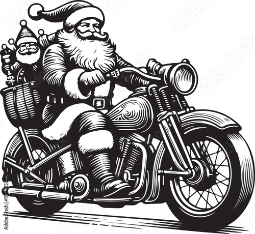  Santa Claus on motorcycle carrying sack of gifts. Festive and fun holiday scene. sketch engraving generative ai fictional character vector illustration. Scratch board imitation. Black and white