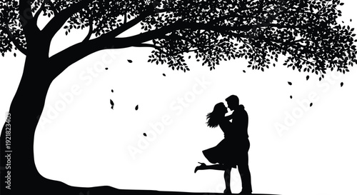 Silhouette of romantic couple kissing under tree with falling leaves