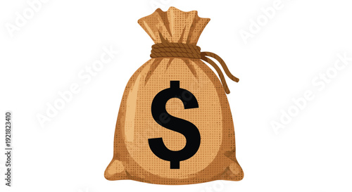 Closed burlap money bag with a prominent black dollar sign printed on its side, isolated on a white background.