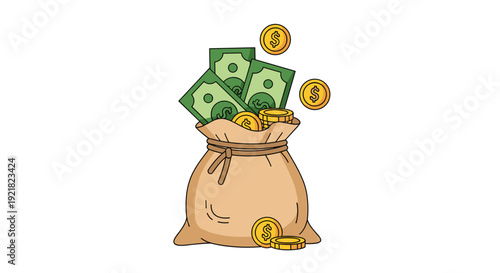 Open brown money bag overflowing with green paper cash bills and shiny golden coins on a white background.