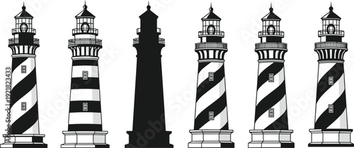 Lighthouse tower silhouettes and striped beacon variations set isolated on white background, coastal maritime navigation architecture vector illustration collection for nautical themes