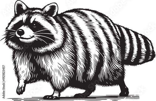 Chubby raccoon with a bushy tail, showcasing intricate details and playful character sketch engraving generative ai raster illustration. Scratch board imitation. Black and white