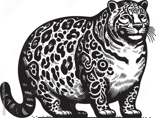 chubby fat leopard with bold spots, combining humor and retro artistic style sketch engraving generative ai PNG illustration. Scratch board imitation. Black and white