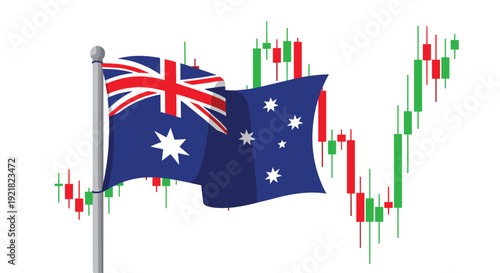 Waving Australian national flag on a pole displayed in front of a fluctuating stock market candlestick chart pattern.