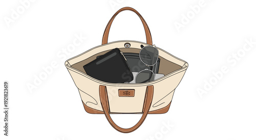 Open beige tote bag showing its contents including a black wallet and sunglasses on a white background.