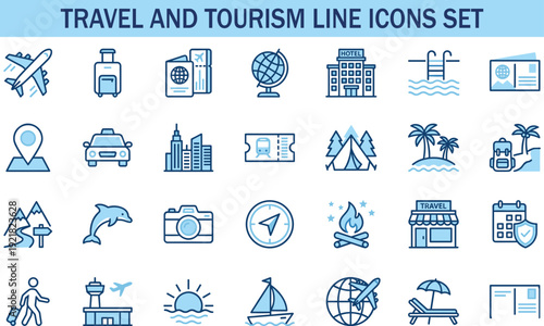 Travel and tourism line icons set, airport airplane hotel passport globe beach camping vector collection, vacation transportation symbols, blue outline editable elements isolated