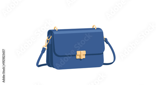 Closed blue rectangular messenger bag with a long strap and a prominent gold front clasp, isolated on white.