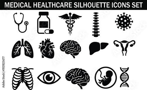 Medical healthcare silhouette icons set, human anatomy vector collection, stethoscope medicine caduceus spine virus lungs heart brain DNA symbols, black solid editable elements isolated