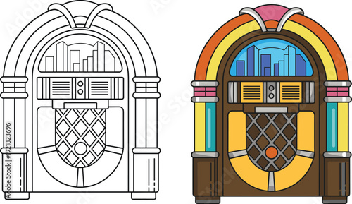 Classic jukebox illustration, retro music design, colorful vintage entertainment artwork contrast