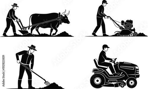 Farmer silhouettes collection plowing soil with ox tractor rake cultivating agriculture isolated on white background farming activity set