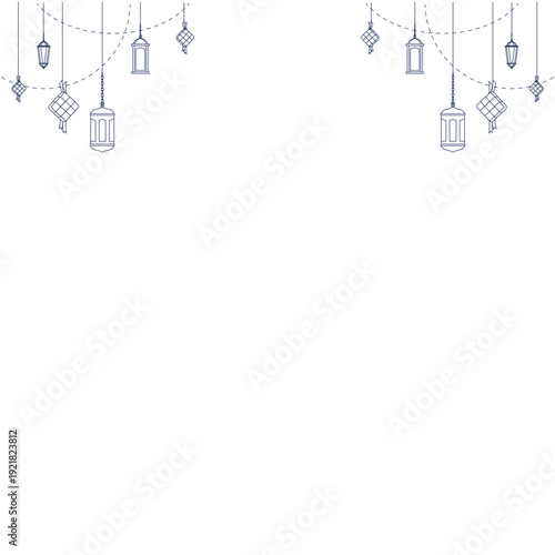 Islamic decoration background with hanging lanterns and ketupat diamonds line art. Minimalist greeting card template for Ramadan Kareem or Eid Al-Fitr celebration. Isolated on white background