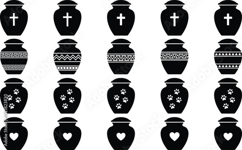 Funeral urn silhouette collection featuring memorial ashes containers with cross heart and decorative patterns isolated vector illustration set