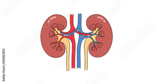 A simplified anatomical illustration depicts human kidneys with renal arteries and veins on a white background.