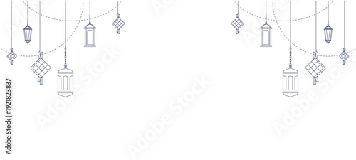 Islamic decoration background with hanging lanterns and ketupat diamonds line art. Minimalist greeting card template for Ramadan Kareem or Eid Al-Fitr celebration. Isolated on white background