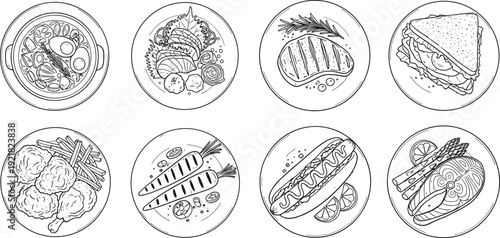 Food plate collection featuring soup steak sandwich vegetables and seafood meals isolated on light background vector illustration set