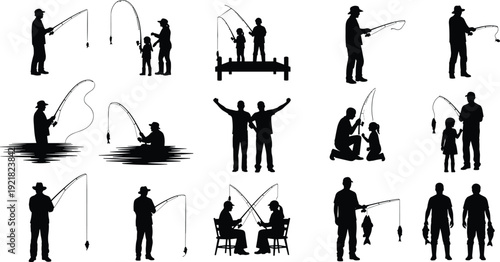 Fishing people silhouettes collection anglers catching fish father son fishing activity isolated on white background outdoor hobby lifestyle set