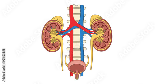 An anatomical diagram displays the human kidneys, ureters, bladder, main arteries, veins, and spinal column.