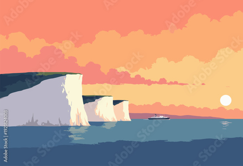 white chalk face Dover Cliffs glowing warm orange sunset ferry silhouette horizon Minimalist landscape