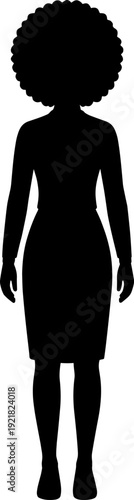 Stylized black silhouette icon of woman in knee-length dress with voluminous hairstyle, symbolizing fashion, posture, and human form motifs