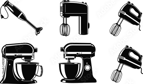 Kitchen mixer and blender silhouettes set hand mixer stand mixer immersion blender appliances isolated on white background cooking equipment collection