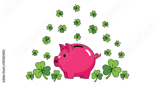 A pink piggy bank is surrounded by numerous green shamrock leaves on a plain white background.