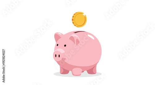 A pink piggy bank receives a gold coin dropping into its slot on a plain white background.