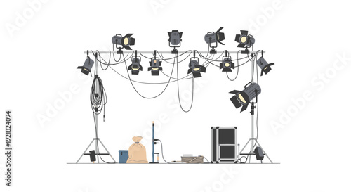 Multiple studio lights hang from a truss system with cables, sandbags, and equipment on the floor.
