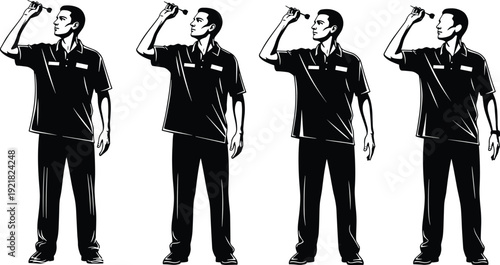 Male darts player silhouettes set aiming throwing dart action vector illustration isolated sports competition hobby precision target game professional activity design