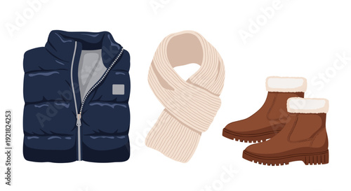 A blue puffer vest, a beige knitted scarf, and a pair of brown winter boots are displayed.