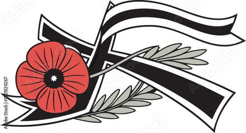German remembrance day badge with red poppy and black cross red flower