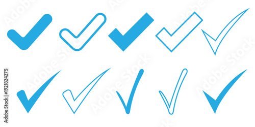A collection of blue checkmarks and ticks in various styles and shades on a white background for verification and confirmation