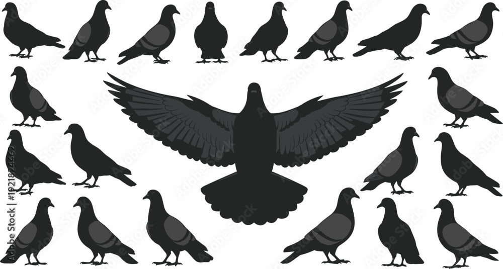 Fototapeta premium Realistic pigeon silhouette collection featuring flying standing and wings spread poses isolated on light background vector illustration set design pack bundle