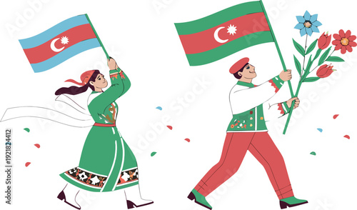 Azerbaijani man and woman waving flags and holding flowers celebration confetti festival