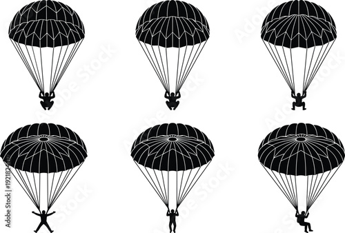 Parachute silhouette collection featuring skydiver landing descending and flying poses isolated on light background vector illustration set