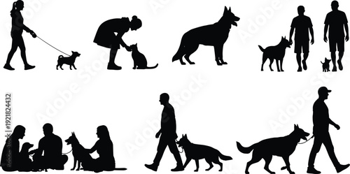 People with dogs silhouettes collection walking training playing pet care activities isolated on white background animal owner lifestyle concept set