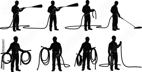 Pressure washing worker silhouette set with hose spray gun cleaning service equipment isolated vector illustration collection on background