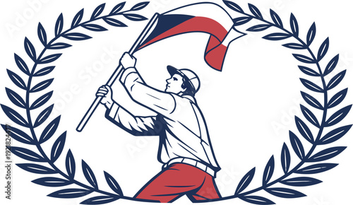 Man waving czech flag surrounded by laurel wreath in blue red and white colors