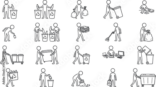 Recycling and waste management silhouette collection featuring people cleaning sorting trash and environmental care vector illustration set
