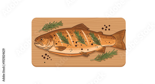 Perfectly cooked whole trout or salmon fish garnished with fresh rosemary and black peppercorns on a wooden board.