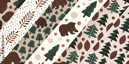 Whimsical pattern featuring bears trees and leaves in muted tones