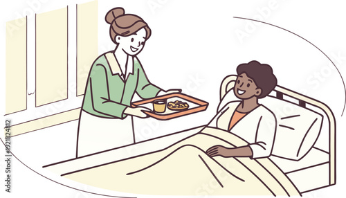 Mother receiving breakfast in bed from female caregiver woman patient