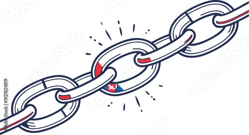 Broken chain link with red and blue accents on white background red accents