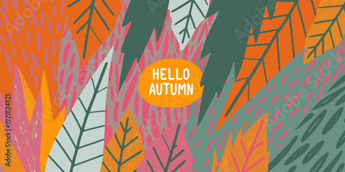 Stylized autumn leaves and a greeting with the words hello autumn