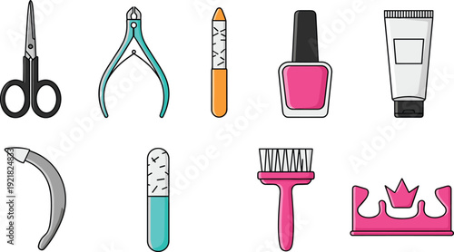 Manicure and pedicure tools vector set featuring scissors clippers nail polish remover buffer brush cream tube and beauty salon equipment icons collection