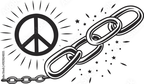 Broken chain and peace sign with sunburst liberation freedom symbol